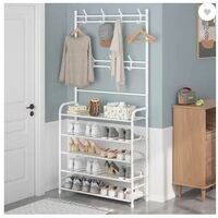 ADA 5-Tier Shoe Storage Organizer Rack Stand with 8 Hanger Hooks, Cloth Garment Rack Metal Shoe Rack  (White, 5 Shelves, DIY(Do-It-Yourself))