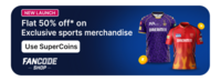 Fancode Shop Flat 50%* off with supercoins on Flipkart (Clothing, Accessories) [App Only]