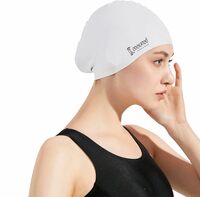 Cockatoo SC03-Long Hair Rubber Swimming Cap for Men & Women, Swimming Cap for Adults with Earcover, White