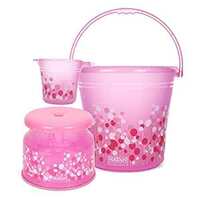 Ratan Plastics 3 Pieces Bathroom Set 1 Frosty Bucket 16L + 1 Frosty Mug 1000ml + Nova Patla 107 Bubble Print - Pink, Standard (ECCPL980043-001)