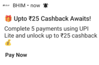 Get Rs. 25 Cashback on minimum transaction of Rs. 100 on  completing 5 payment by Using UPI Lite 