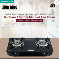 Sunflare Cute 2B Toughened Glass Tornado Burner(Bk) Glass Manual Gas Stove(2 Burners)