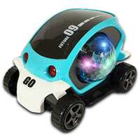Gooyo GY149A Battery Operated Stunt Car Toy with Music & 4D Vibrant Light Effects | 360° Rotating Bump & Go Action Car Toy for Kids| Blue Color, Power Source: 3xAA Battery (Not Included)
