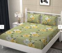 Green Floral 200 TC Ultrasoft Microfiber Queen size Flat Double Bedsheet With Two Pillow Covers (90x90 inches)