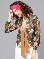 SASSAFRAS Women Olive Green Printed A-Line Top