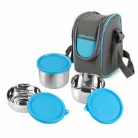 CELLO Steelox Stainless Steel Lunch Box Set of 3 with Bag (Capacities - 225ml, 375ml, 550ml), Blue | Tiffin Box with Jacket | Leakproof | Easy to Carry | Ideal for Office, School, College 