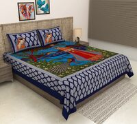 Jaipur Pride Rajasthani Print Cotton Double Size Bedheet with 2 Pillow Cover Set for Queen Size Bed | Stylish & Attractive Design Flat Sheet for Living Room & Bedroom (Blue)