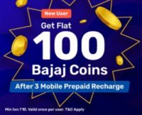Flat 100 Bajaj coins after complete 3 times Mobile Recharge of Rs.10 (7pm-9pm) 