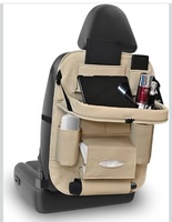 Amazon Brand - Solimo Pu Leather Auto Car Back Seat Organizer With Foldable Dining Table Tray, Multipocket Storage Tablet, Bottle And Tissue Paper Holder_Beige (With Tray) - Automobiles 