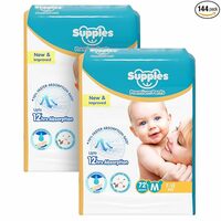 Amazon Brand - Supples Premium Baby Diaper Pants | 144 Baby Diapers | Medium | 7-12 Kg | 72 x 2 Packs | 12 Hrs Absorption | Cushiony Cotton Soft Fabric | Phthalates-Free | Triple Leak Guard
