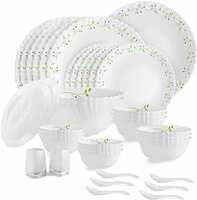 Cello Opalware Dazzle Series Tropical Lagoon Dinner Set, 37 Units | Opal Glass Dinner Set for 6 | Light-Weight, Daily Use Crockery Set for Dining | White Plate and Bowl Set