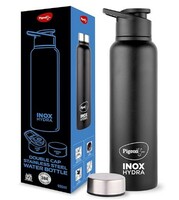 Pigeon Inox Hydra Duo, Dual Cap, Flipper Cap and Fridge Cap in one bottle, Easy to use, Multipurpose all in one bottle 900ml, Black