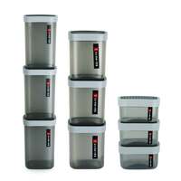 CELLO Clarion Square Air Tight PET Storage Containers | Safe Plastic & Stackable | Swift & easy to operate lid | Food grade and BPA free | (500+1000+2200) ml | Grey, Set of 9
