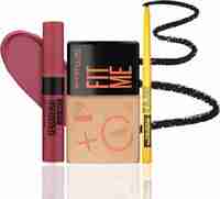 Maybelline New York Makeup Essentials: Fit Me Tint 05 + Colossal Kajal + SLM Touch of Spice  (Shade 05, Black, Touch of Spice, 30 ml)