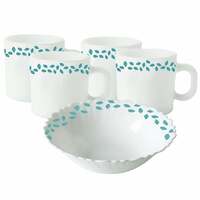 Larah by Borosil Blue Leaves Opalware Set – 4 x 180ml Cups and 1 Snack Bowl (5 Pieces) | Microwave and Dishwasher safe | Ideal for Tea, Coffee, and Casual Meals