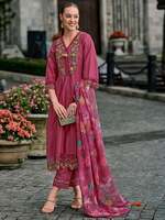 Indo Era Pink Embroidered Kurta With Pant & Dupatta