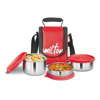 MILTON Tasty 3 Lunch Box with Insulated Fabric Jacket, 3 Stainless Steel Containers (200 ml, 320 ml, 500 ml), Leak-Proof Tiffin for Office, College, Picnic, Red 