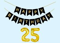 Mystic Toy Store 25th Happy Birthday Decoration Kit Black for 25 year Old Boys Girls Men Women with Number Twenty-five Party Decorations Decor Celebration Items Item Set Combo Reusable Paper Banner