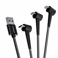 Ambrane 3 in 1 Type C, Lightning and Micro USB Standing Cable Makes Binge-Watching Easy, Compatible with iPhone, Micro USB, Type C Devices, PD Technology, 3A Fast Charging (Trio-S10, Black, 1m)