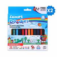 Luxor Doodles Triangular Grip Plastic Crayons| 12 Assorted Shades| 1 Free Eraser & 1 Sharpener | Perfect For Little Artists 
