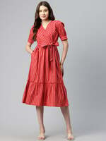 Red & White Cotton Striped Midi Dress Cottinfab
