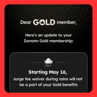 Zomato Rain Fee for Gold Members from 16th May! All Details