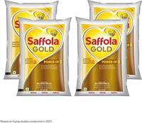 Saffola Gold| Power of 3 | Blend of Rice Bran and Sunflower Pack Blended Oil Pouch  (4 x 1 L)