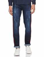 Campus Sutra Men’s Classic Blue Dark-Washed Distressed Side Striped Regular Fit Denim Jeans