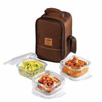 CELLO MF Glassy Seal O Fresh Glass Lunch Box Set of 3 Square Containers, 350ml Each with Jacket | Microwavable Borosilicate Glass | Leak Proof Design | Tiffin for Office/School/College | Transparent