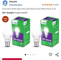 EcoLink( Pack of 2) 9-Watt Base B22 LED Bulb (Cool White,) By Phillips 