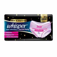 Whisper Super Absorbent Period Panty, 12 L-XL Pants, 360 Degree Leakage Protection for Heavy Flow, Panty like Fit for Full back Coverage, Absorbs Heavy Gushes, Silky Soft, Comfortable Feel
