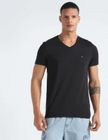 (Only for pass holders)TOMMY HILFIGER  Men Solid Round Neck Cotton Blend Black T-Shirt 