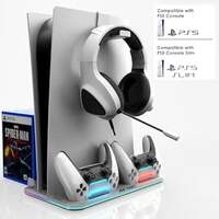  Ant Esports Dock5 RGB with Cooling Fan and Dual Controller Charger Station, PS5 Console Disc & Digital Edition, PS5 Cooling Station Accessories with RGB Light/Headset Holder/6 Game Slots/Screw (White) 