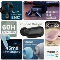 Boult Y1 Pro with Zen Quad Mic ENC, 60Hrs Battery, Fast Charging, Knurled Design, 5.3v Bluetooth  (Jet Black, True Wireless)