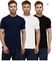 London Hills - Pack of 3 Men Solid Round Neck Cotton Blend Dark Blue, White, Black T-Shirt