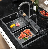 Q-IMAGE Kitchen Sink with Integrated Waterfall and Pull-down Faucets (Black)