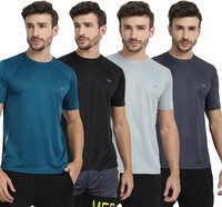 FTX  Pack of 4 Men Solid Round Neck Polyester Silver, Blue, Black, Grey T-Shirt