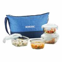 Borosil Prime Daisy Glass Lunch Box Microwave Safe Office Tiffin (320 ml Sq, 240 ml Round, Transparent) -Set of 4