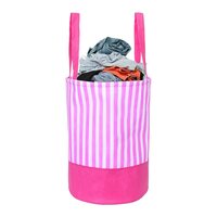 PrettyKrafts 45L Non Woven Stripe Printed Round Foldable Large Laundry Bag/Basket With Handles, Freestanding Clothes Storage Organizer for Bedroom, Bathroom, Dorm (36x36x45cm, Pink, Set of 1)