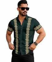 Men's Short Sleeve Half Button Down Shirt with Ethnic Pattern, Forest Green with Gold Embroidery 