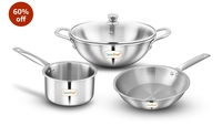 Greenchef Stainless Steel Tri ply Stainless Steel Crest Combo (Kadhai 22CM with Glass lid, FryPan 22CM, Saucepan 14CM) Exterior Surface, Induction Compatible, Scratch Resistant