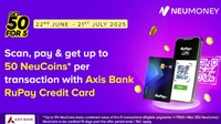 Tata Neu x Axis Rupay UPI Offer: Get 5% upto 50 Neucoins on Merchant transaction of Rs.500 ( 5 * 50 Neucoins)