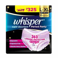 Whisper Super Absorbent Period Panty, 6 L-XL Pants, 360 Degree Leakage Protection for Heavy Flow, Panty like Fit for Full back Coverage, Absorbs Heavy Gushes, Silky Soft, Comfortable Feel-Women