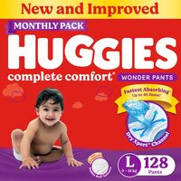 Huggies Pant Diaper (L, 9-14 Kg, 128 Pieces, Wonder Care, Fast Absorb)