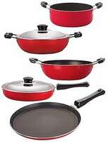 Nirlon Non-Stick Coated Aluminium Heat Resistance Cookware Essential Set, 5 Piece, Red & Black