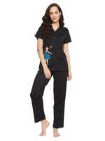 Clovia Women's Cotton Printed Button Down Shirt & Pajama Set