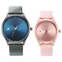Fastrack Mixmatched Couple Leather Analog Watches with Blue and Pink Dial