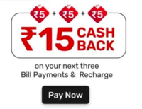 Flat Rs. 15 cashback on 3 Recharge and Bill Payment (7pm-9pm)