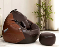 Squivo 3XL Leatherette Bean Bag Filled with Beans With Footrest, Cushion & Pocket In Brown & Tan Colour