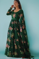 Teal Floral Print Anarkali Gown with Dupatta | Elegant Full Sleeve Floor-Length Dress